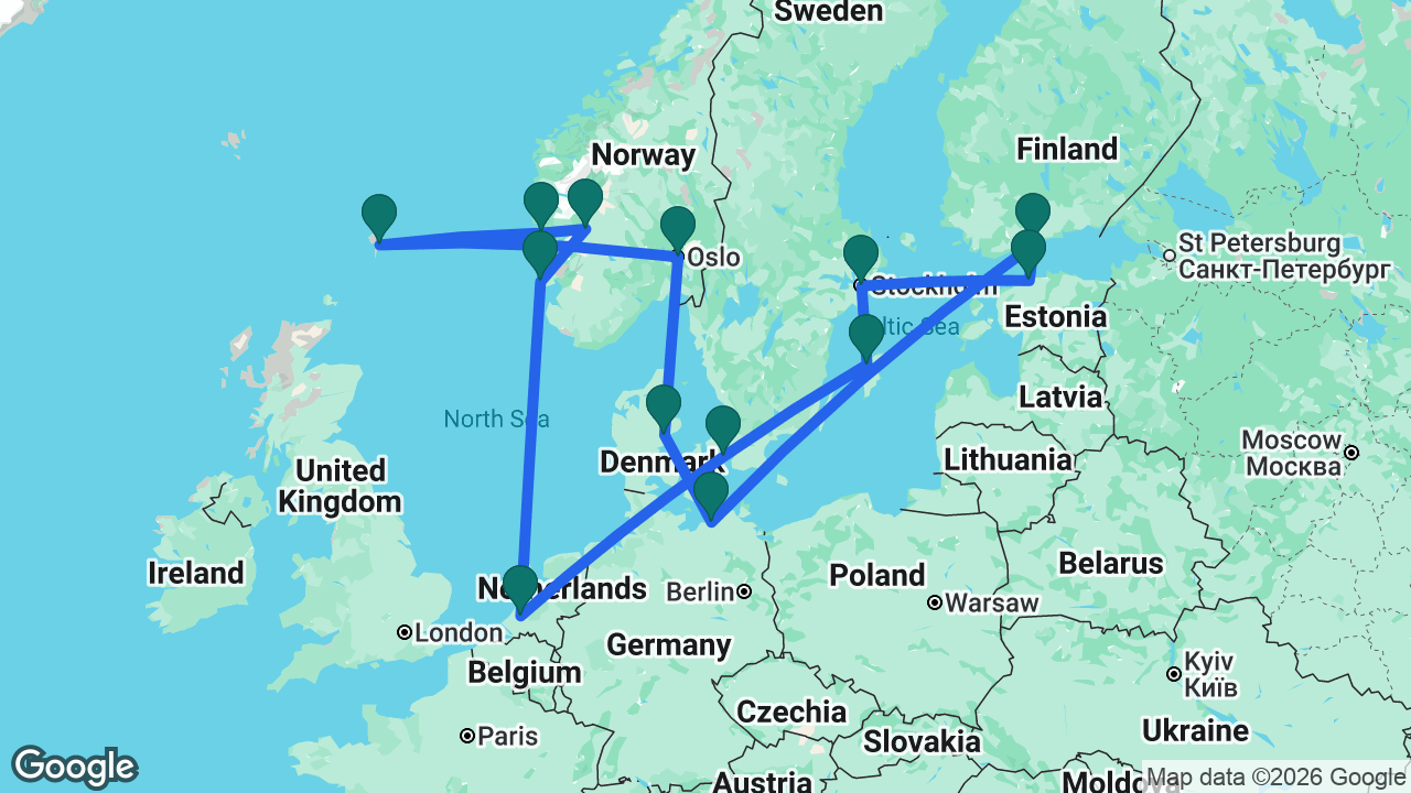 Route map: Rotterdam -> Haugesund -> Eidfjord -> Bergen -> Lerwick -> Oslo -> Aarhus -> Berlin -> Helsinki -> Tallinn -> Stockholm -> Visby -> Copenhagen -> Rotterdam