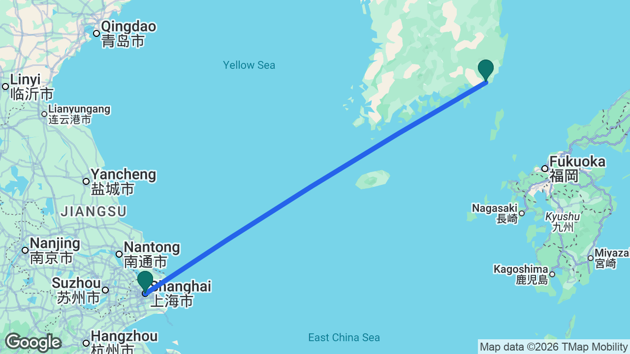 Route map: Shanghai -> Busan -> Shanghai
