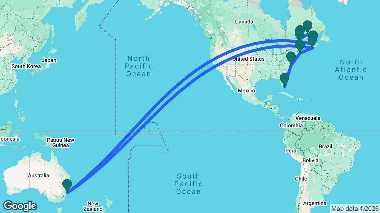 Route map: Québec City -> Saguenay -> Sept-Îles -> Charlottetown -> Sydney -> Halifax -> Boston -> Norfolk -> Fort Lauderdale