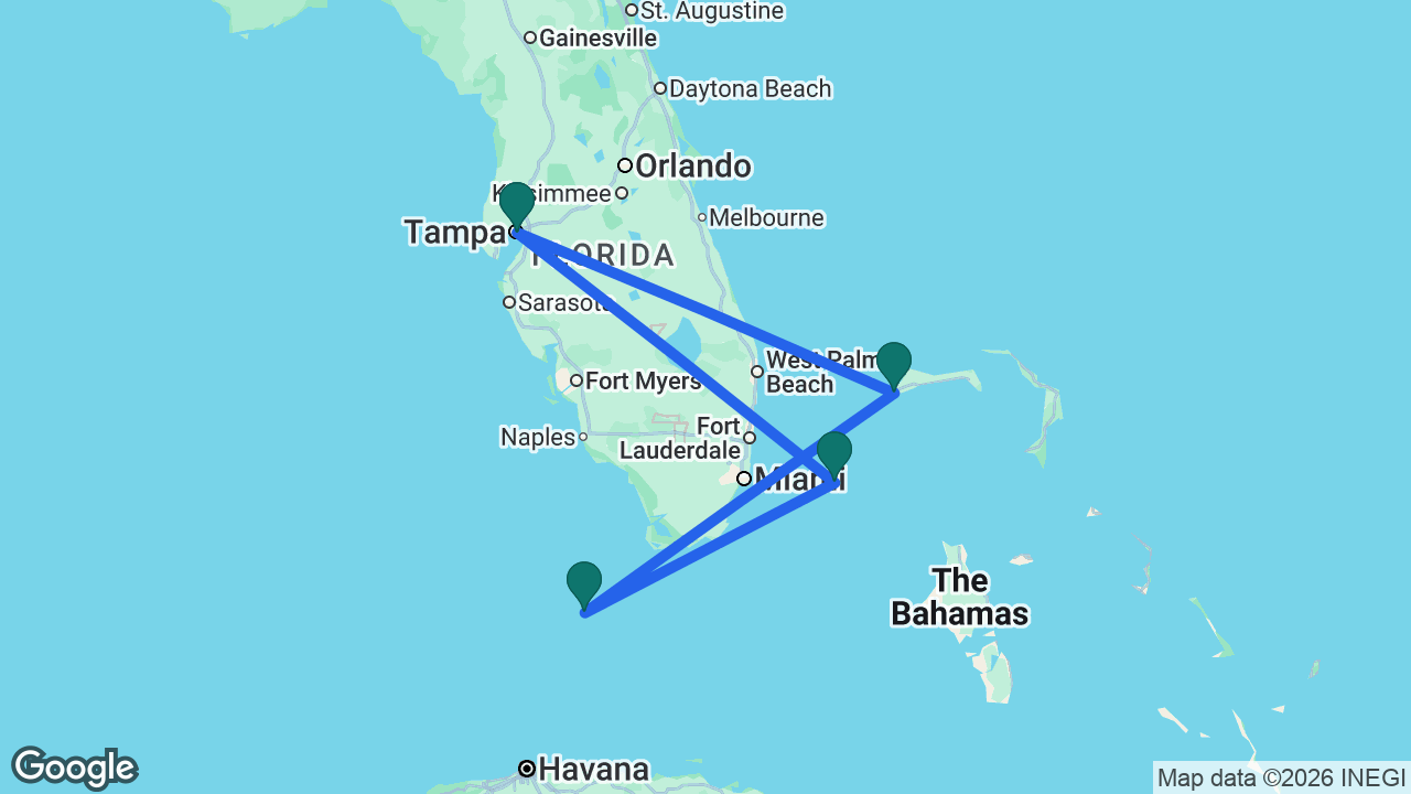 Route map: Tampa -> Bimini -> Key West -> Freeport -> Tampa