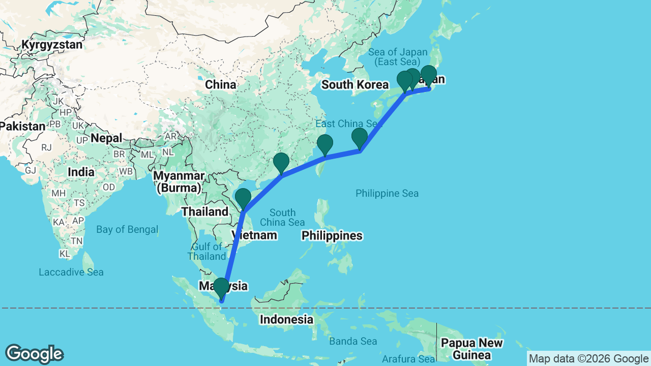 Route map: Tokyo -> Nagoya -> Osaka -> Naha -> Keelung -> Hong Kong -> Chan May -> Singapore