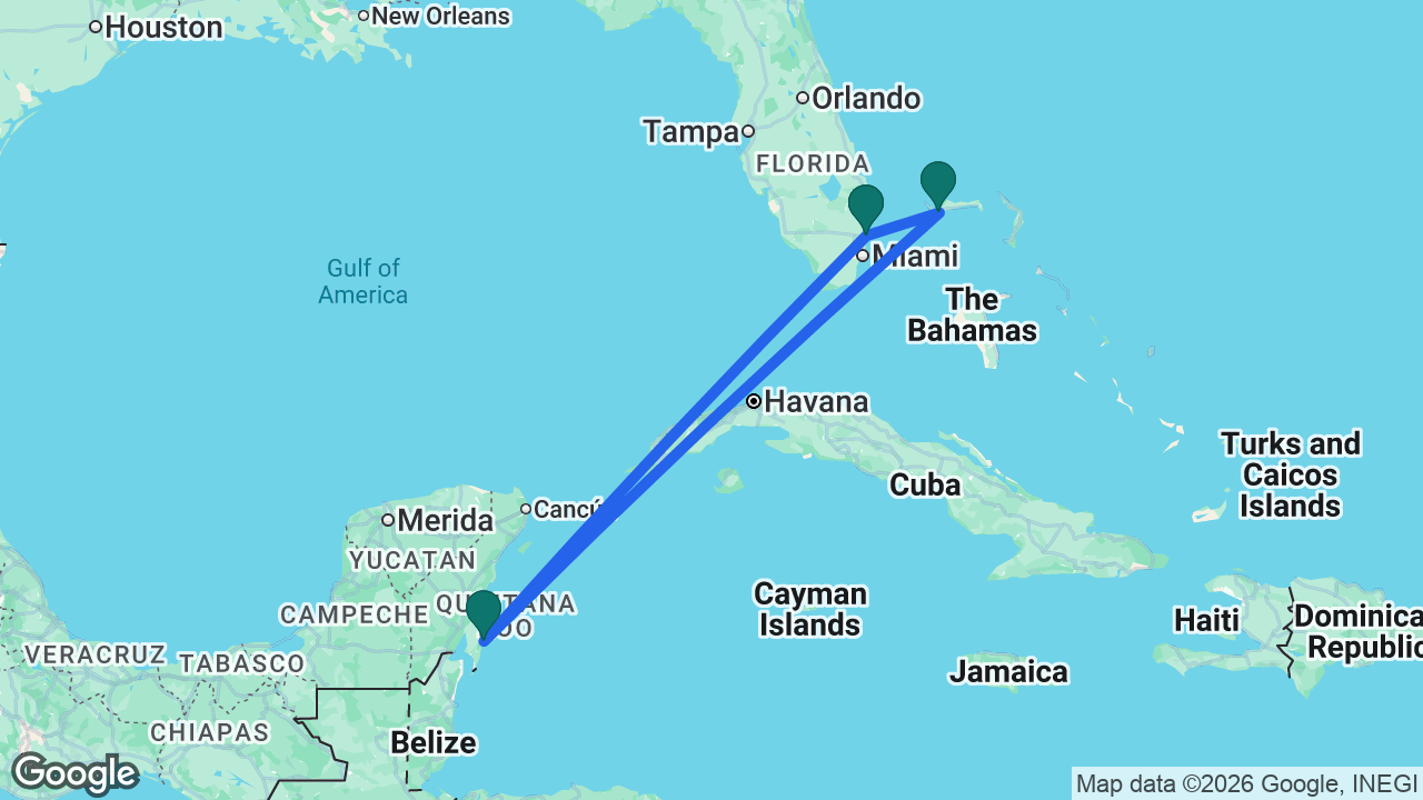 Route map: Fort Lauderdale -> Costa Maya -> Freeport -> Fort Lauderdale