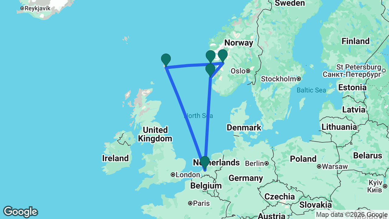 Route map: Rotterdam -> Haugesund -> Eidfjord -> Bergen -> Lerwick -> Rotterdam