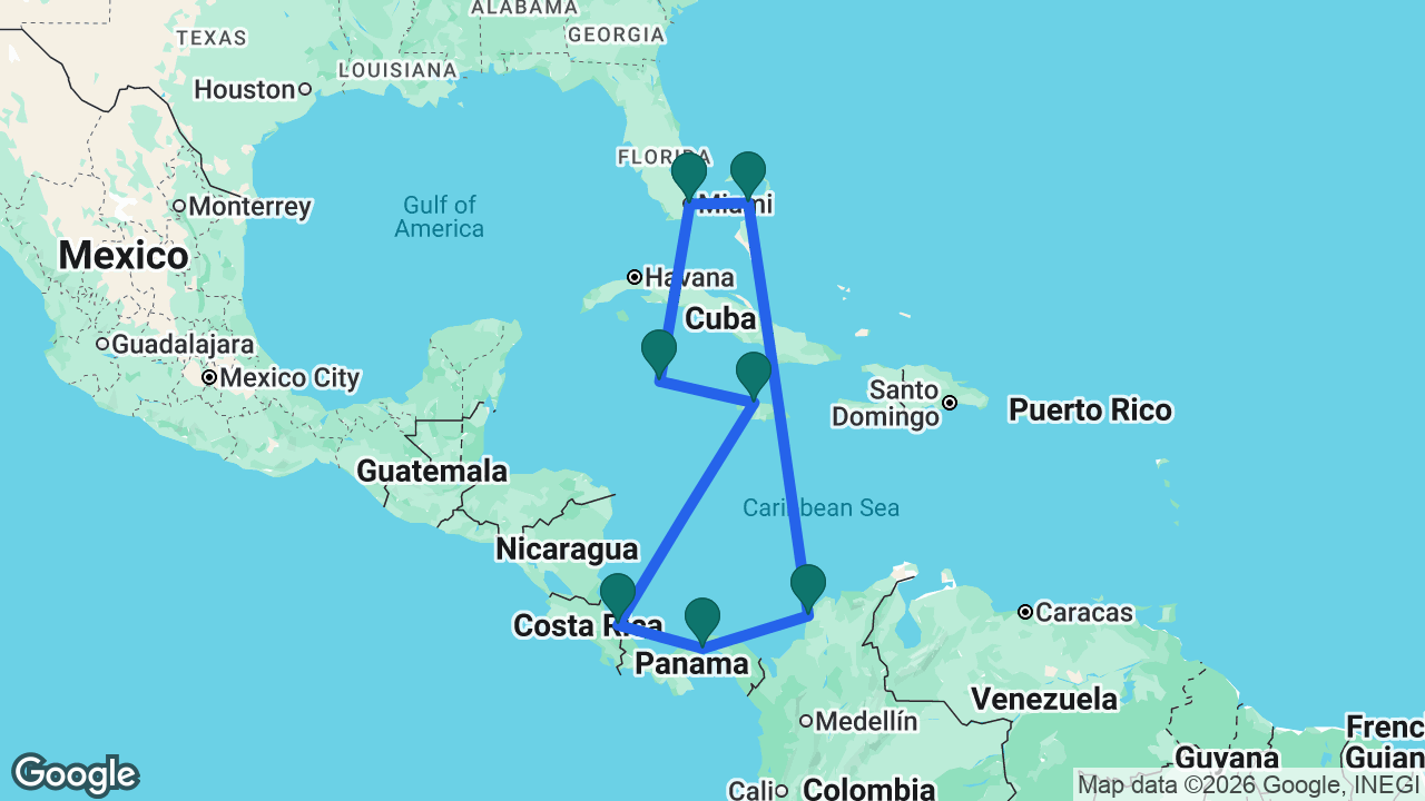 Route map: Miami -> Great Stirrup Cay -> Cartagena -> Panama Canal -> Limón -> Falmouth -> Grand Cayman -> Miami