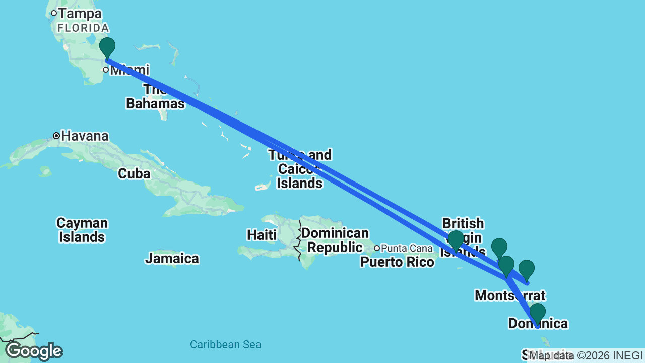 Route map: Fort Lauderdale -> Antigua -> St. Maarten -> Dominica -> St. Kitts -> St. Thomas -> Fort Lauderdale