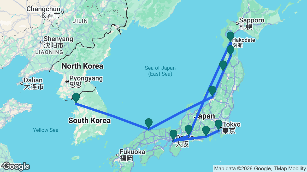 Route map: Seoul -> Sakaiminato -> Niigata -> Akita -> Aomori -> Hakodate -> Nagoya -> Osaka -> Mount Fuji -> Tokyo