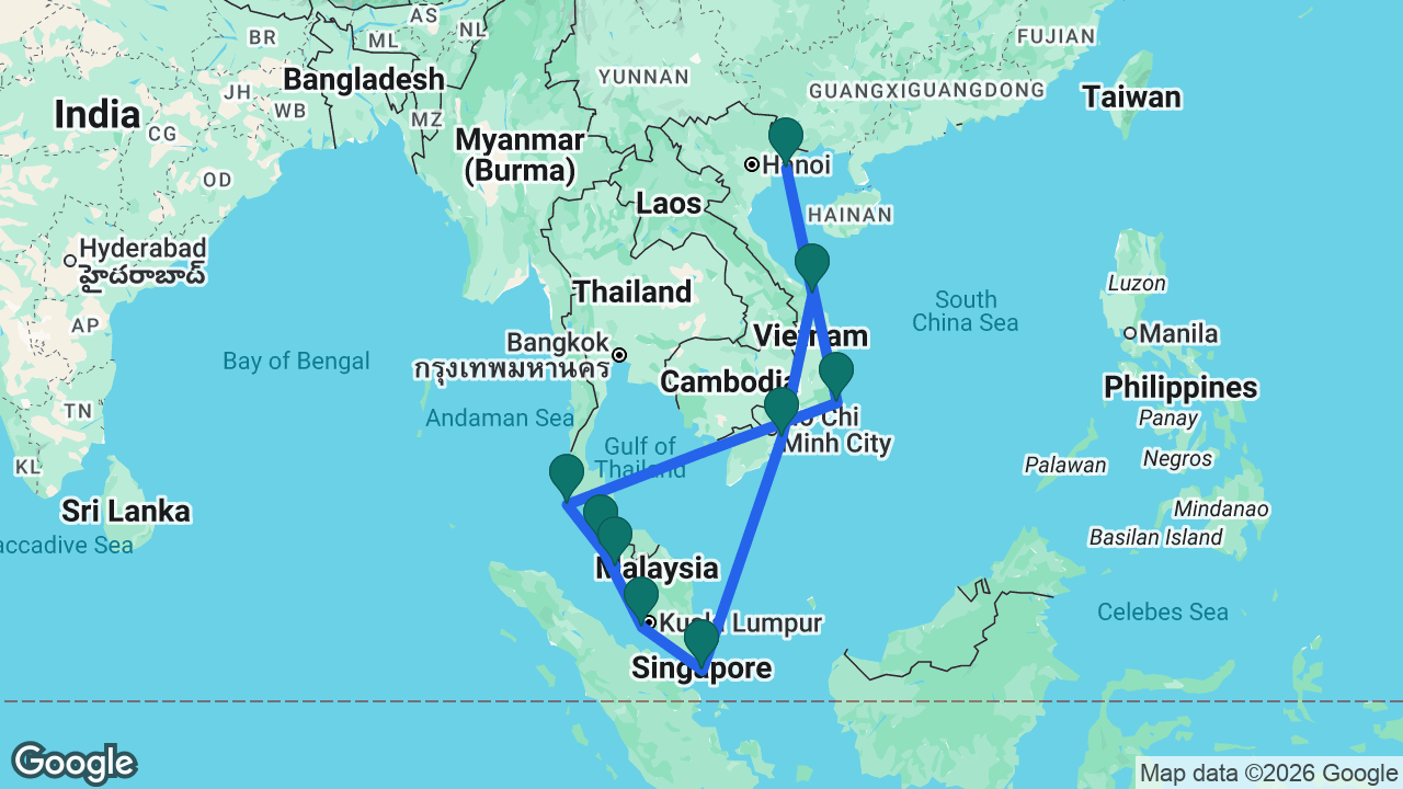 Route map: Singapore -> Kuala Lumpur -> Langkawi -> Penang -> Phuket -> Cam Ranh -> Ha Long Bay -> Da Nang -> Ho Chi Minh City -> Singapore