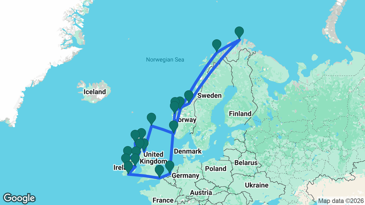 Route map: Dover -> Rotterdam -> Nordfjordeid -> Ålesund -> Trondheim -> North Cape -> Tromsø -> Åndalsnes -> Stavanger -> Lerwick -> South Queensferry -> Invergordon -> Isle of Skye -> Belfast -> Glasgow -> Killybegs -> Galway -> Dún Laoghaire -> Cobh -> Dover