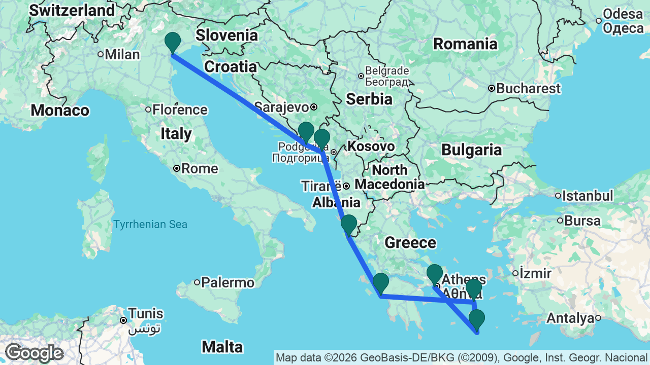 Route map: Venice -> Dubrovnik -> Kotor -> Corfu -> Katakolon -> Mykonos -> Santorini -> Athens