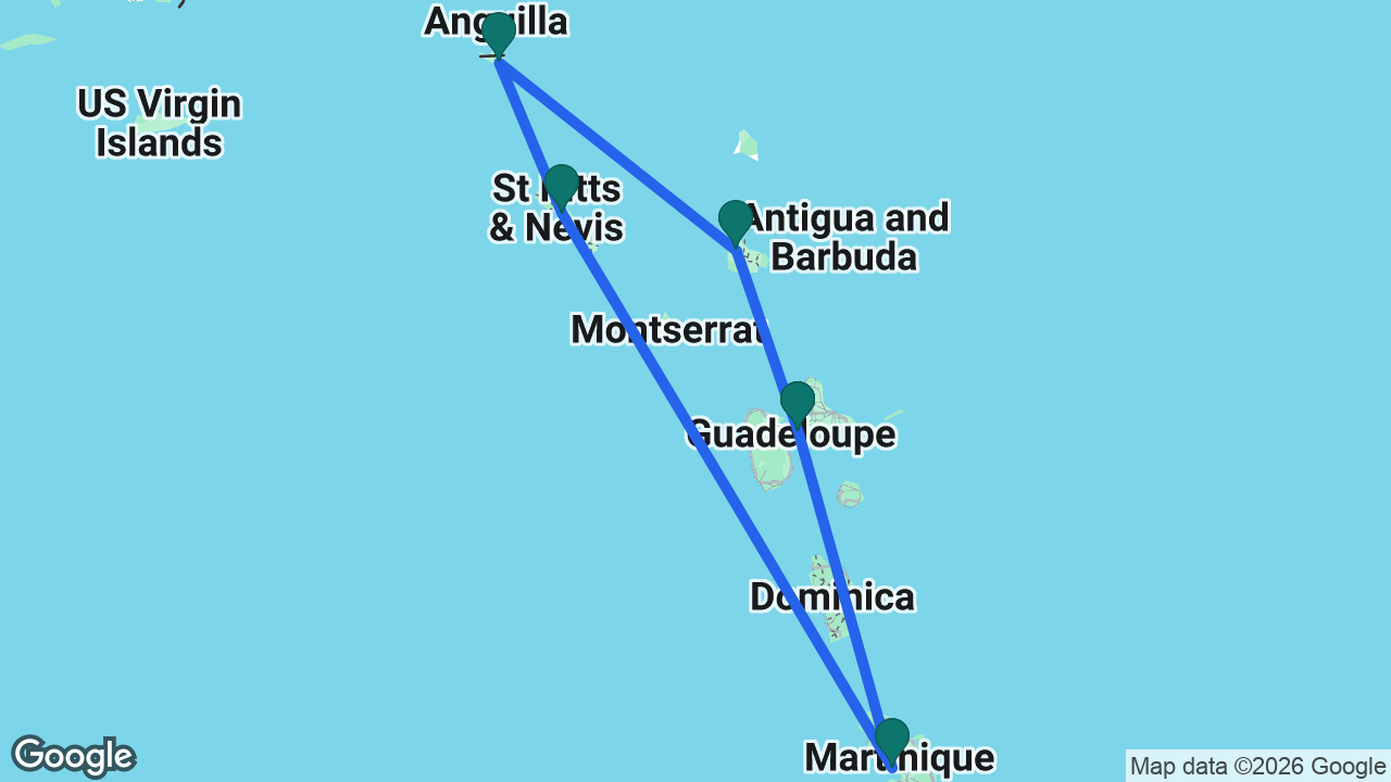 Route map: Martinique -> Guadeloupe -> Antigua -> St. Maarten -> St. Kitts -> Martinique