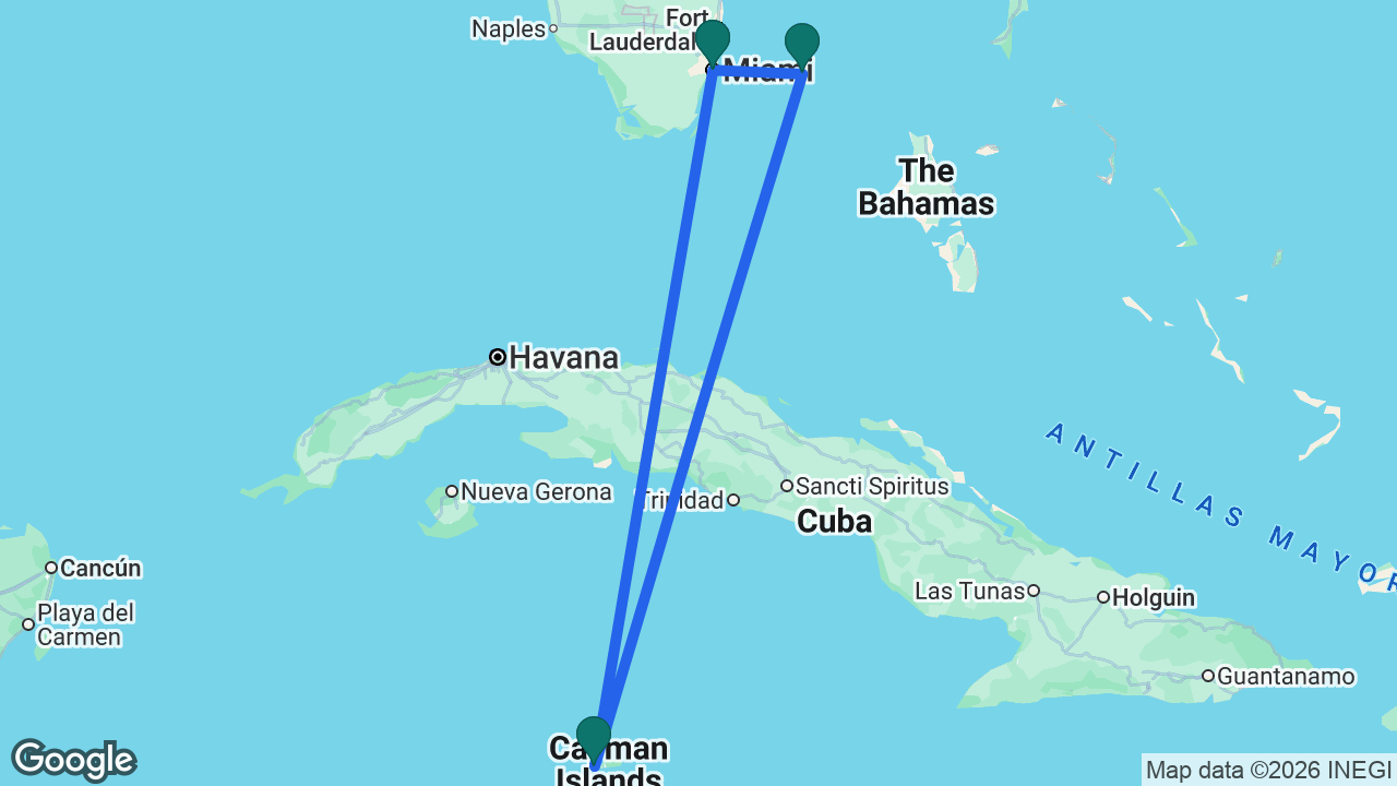 Route map: Miami -> Grand Cayman -> Bimini -> Miami