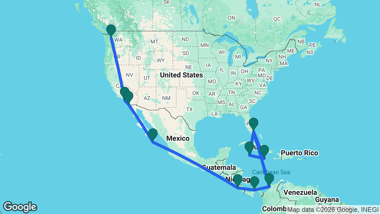 Route map: Seattle -> Los Angeles -> San Diego -> Cabo -> Puntarenas -> Colón -> Cartagena -> Miami -> Grand Cayman -> Ocho Rios -> Miami