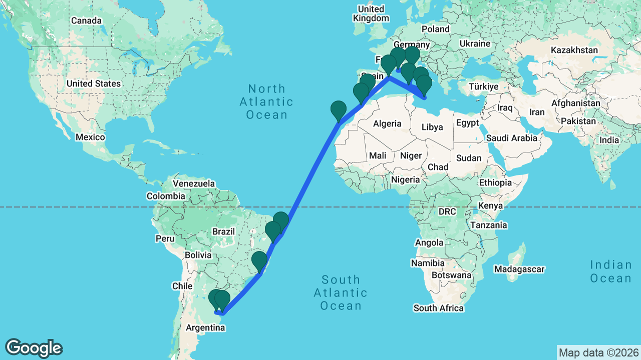 Route map: Marseille -> Florence -> Cagliari -> Palermo -> Valletta -> Barcelona -> Gibraltar -> Casablanca -> Gran Canaria -> Maceió -> Salvador -> Rio -> Montevideo -> Buenos Aires