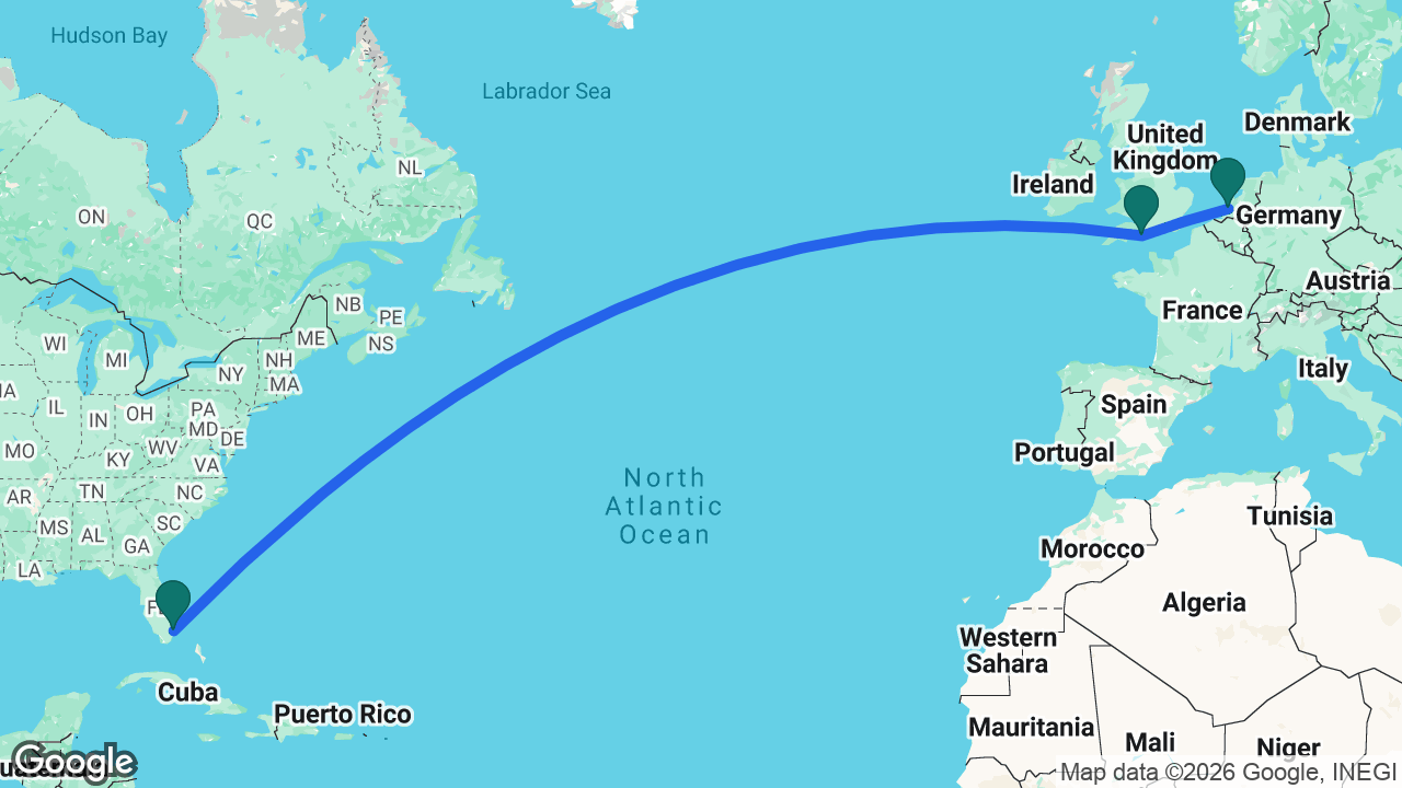 Route map: Rotterdam -> Portland -> Fort Lauderdale