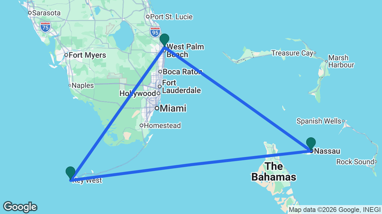 Route map: Palm Beach -> Key West -> Nassau -> Palm Beach