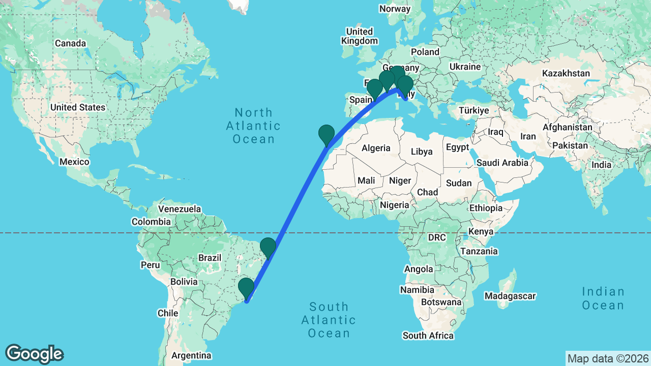 Route map: Rio -> Maceió -> Gran Canaria -> Tarragona -> Marseille -> Genoa -> Rome