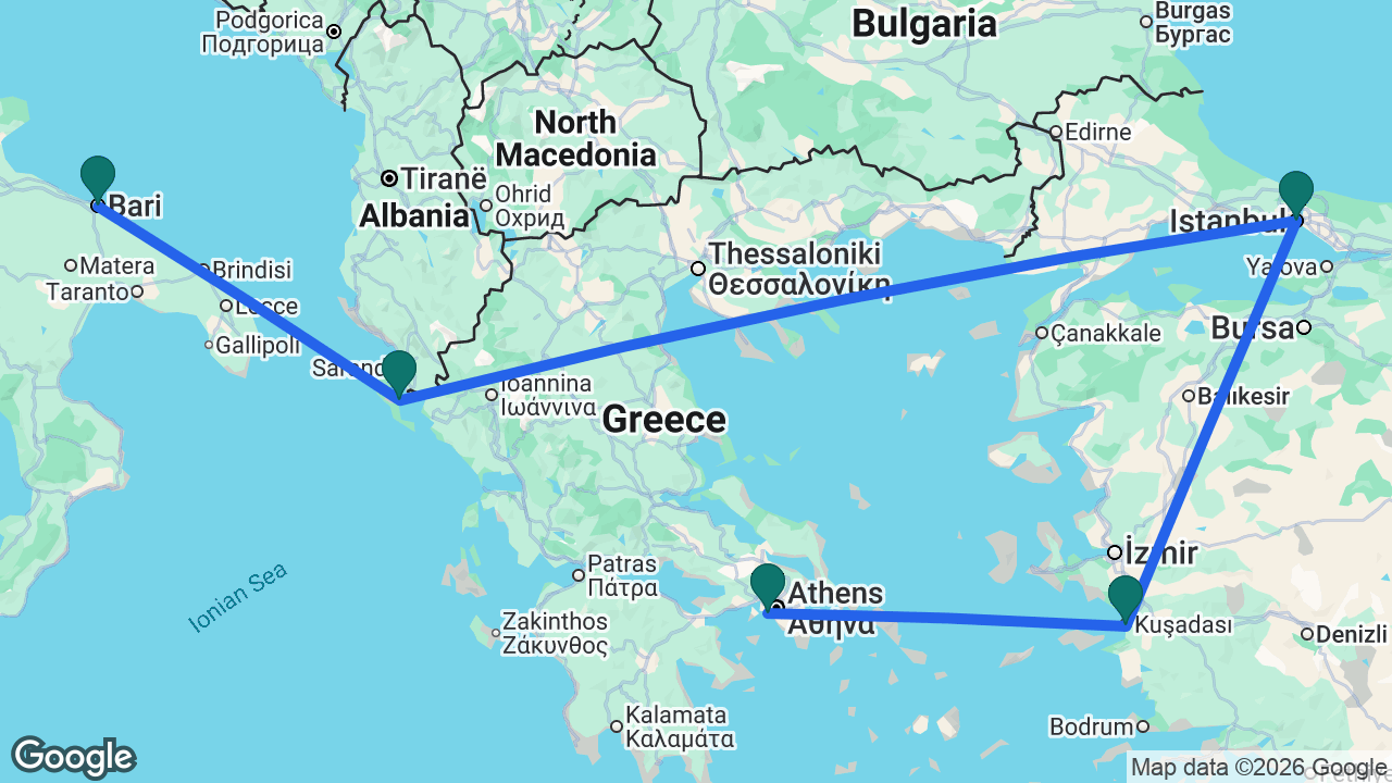 Route map: Athens -> Ephesus -> Istanbul -> Corfu -> Bari
