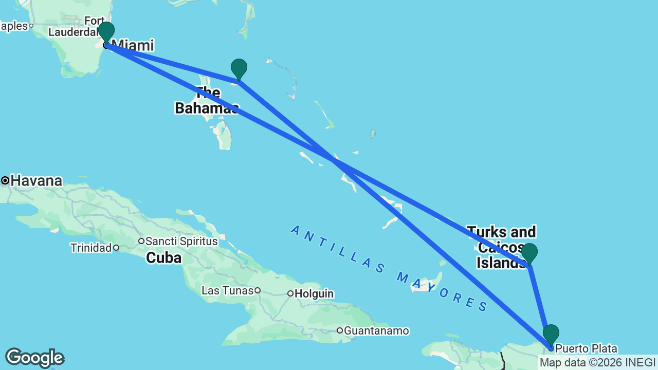 Route map: Miami -> Grand Turk -> Puerto Plata -> Nassau -> Miami