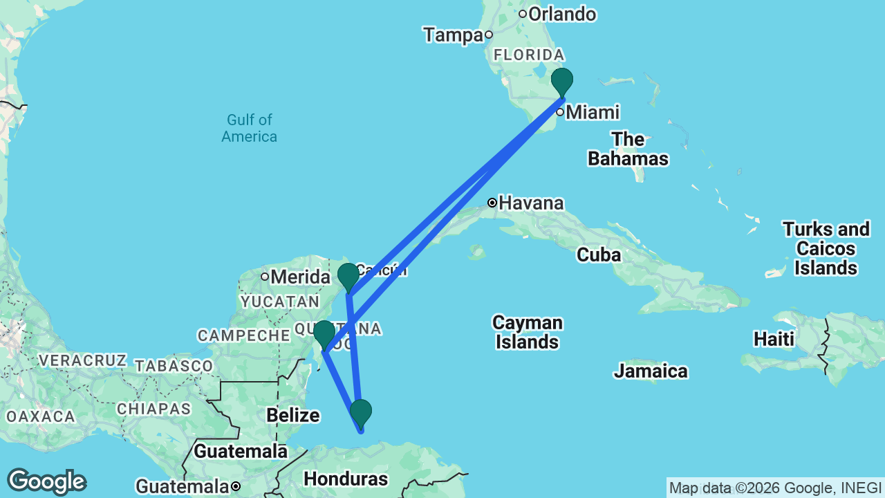 Route map: Fort Lauderdale -> Cozumel -> Roatán -> Costa Maya -> Fort Lauderdale