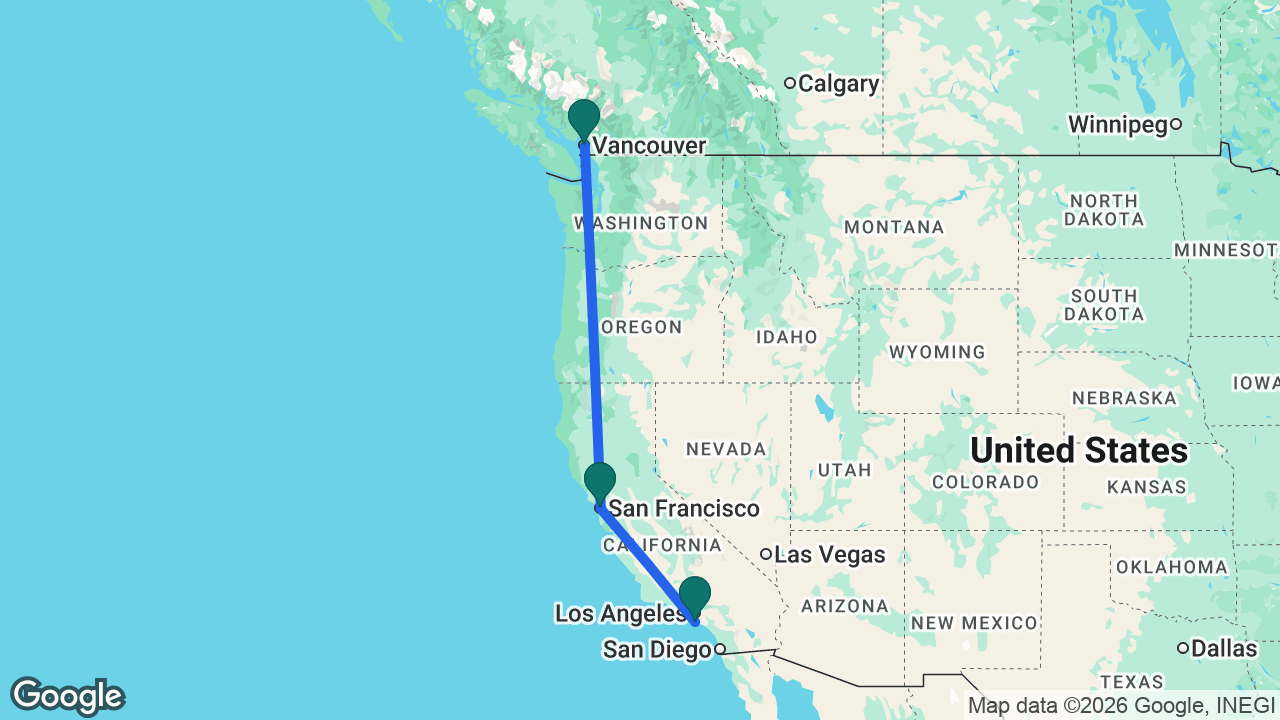 Route map: Vancouver -> San Francisco -> Los Angeles