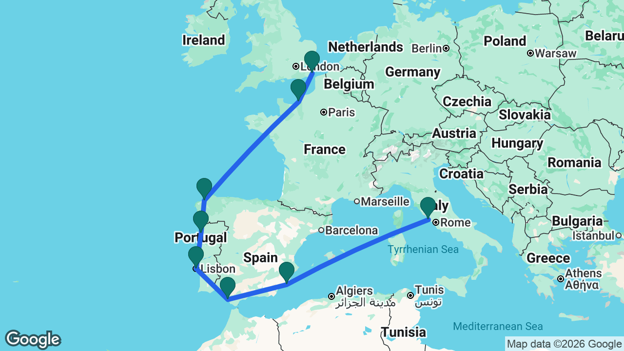 Route map: Dover -> Paris -> La Coruña -> Porto -> Lisbon -> Cádiz -> Cartagena -> Rome