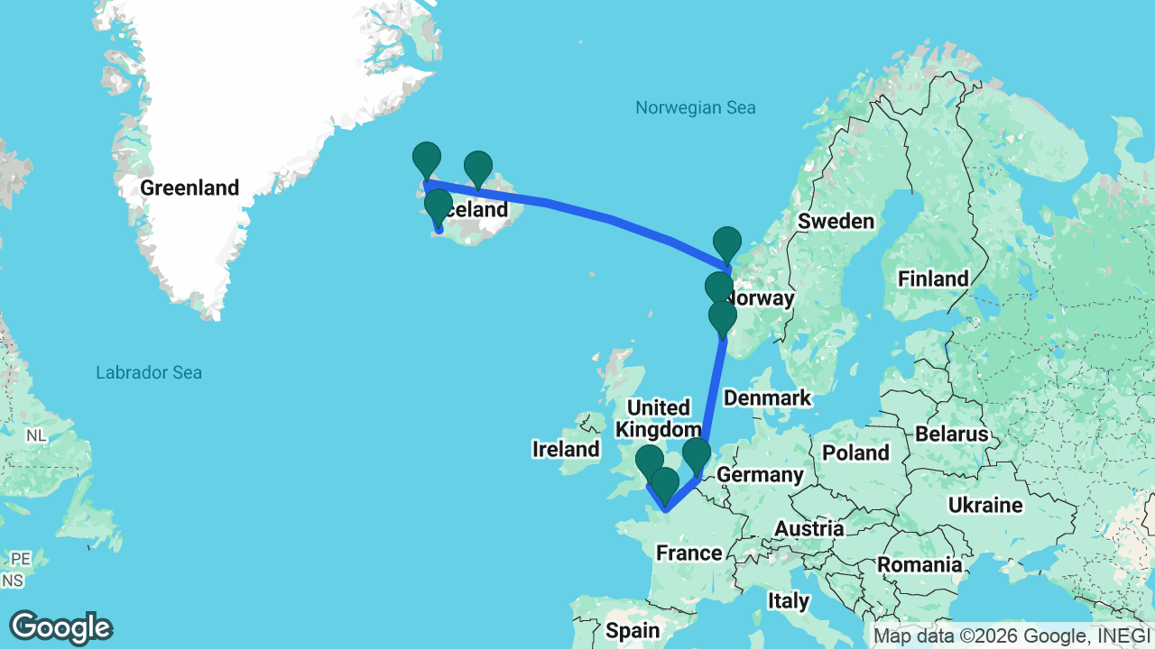 Route map: Southampton -> Paris -> Bruges -> Stavanger -> Bergen -> Ålesund -> Akureyri -> Isafjordur -> Reykjavik