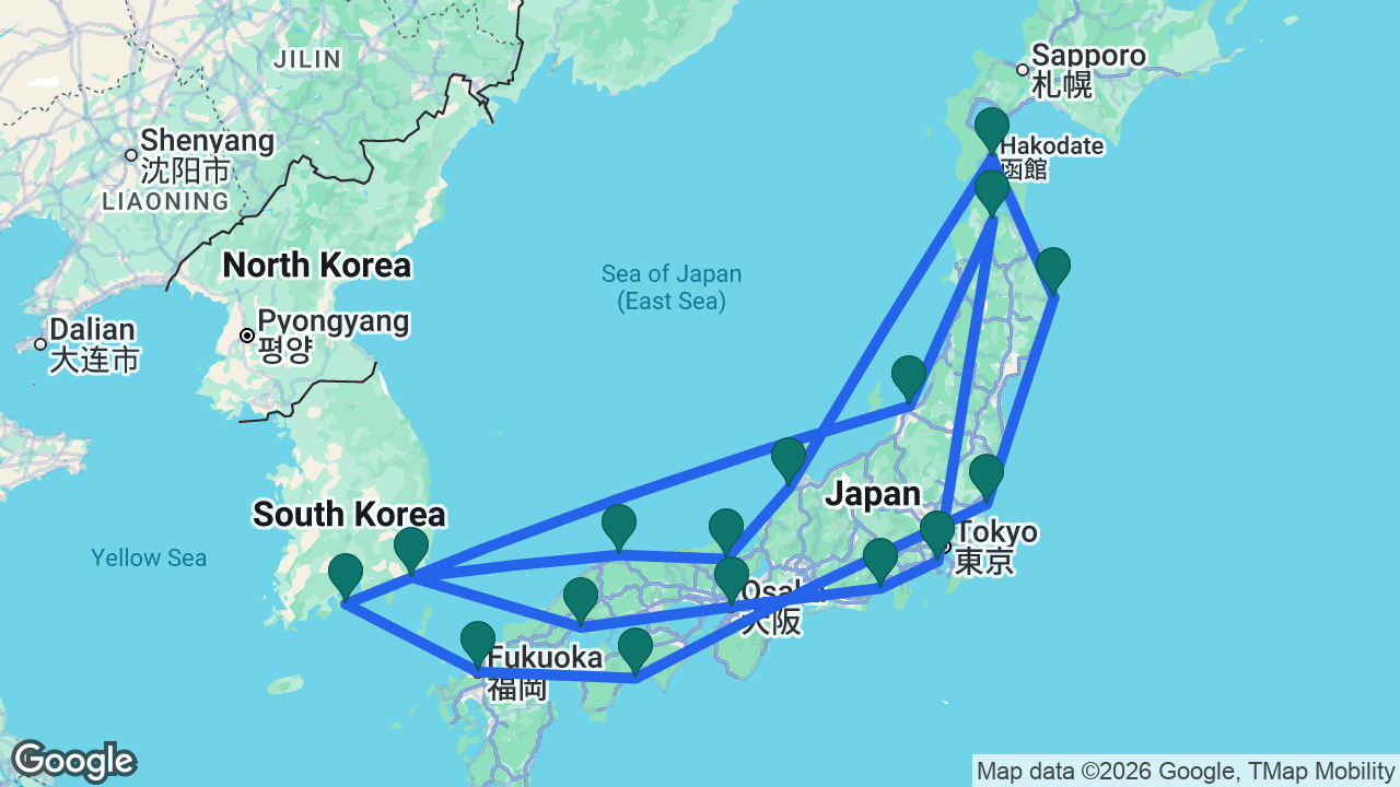 Route map: Tokyo -> Mount Fuji -> Osaka -> Hiroshima -> Busan -> Sakaiminato -> Maizuru -> Kanazawa -> Hakodate -> Miyako -> Hitachinaka -> Kochi -> Fukuoka -> Yeosu -> Niigata -> Aomori -> Tokyo