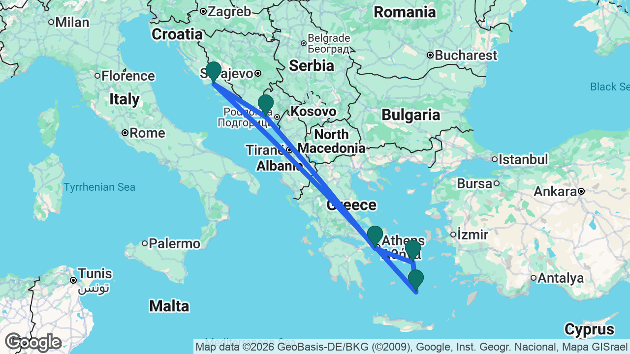 Route map: Athens -> Kotor -> Split -> Santorini -> Mykonos -> Athens