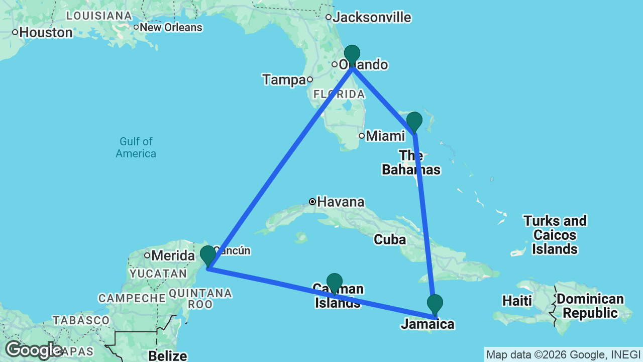 Route map: Port Canaveral -> Great Stirrup Cay -> Ocho Rios -> Grand Cayman -> Cozumel -> Port Canaveral
