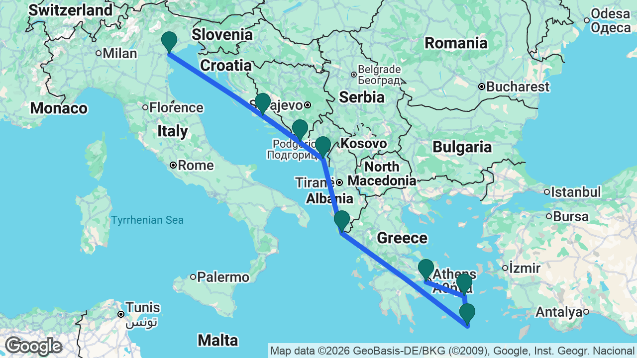 Route map: Venice -> Dubrovnik -> Split -> Bar -> Corfu -> Santorini -> Mykonos -> Athens