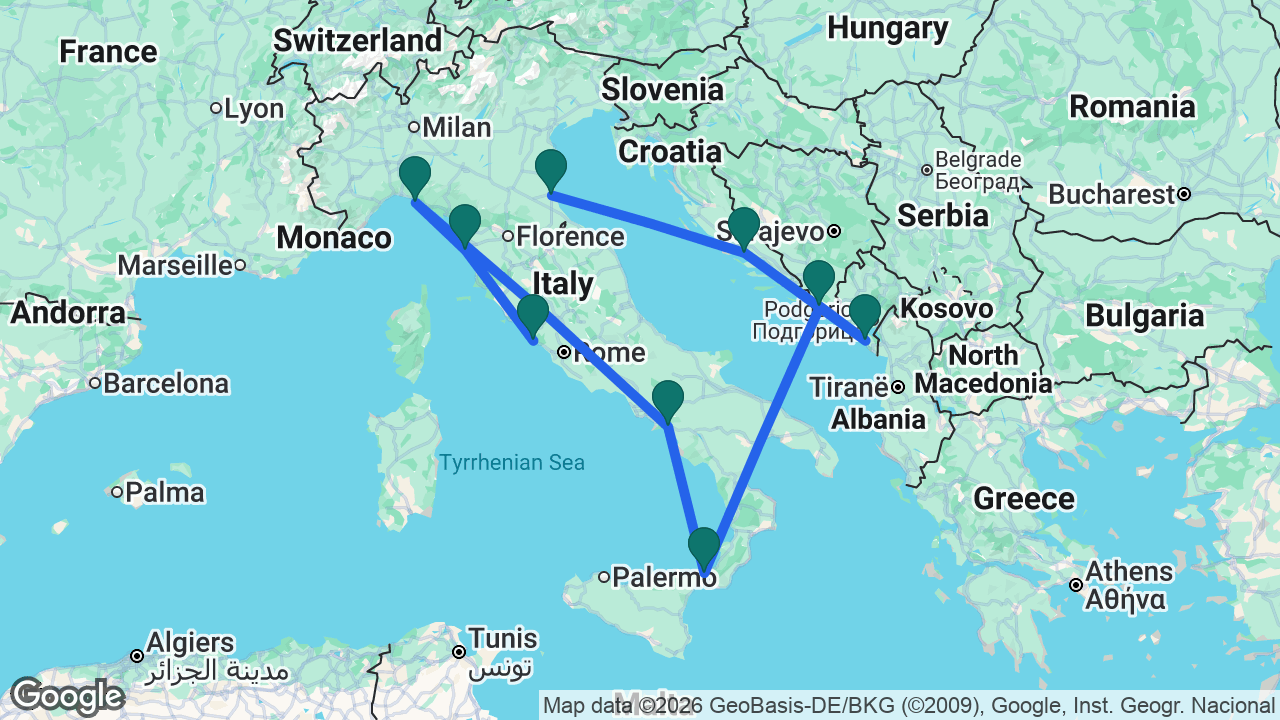 Route map: Rome -> Florence -> Portofino -> Amalfi Coast -> Messina -> Dubrovnik -> Bar -> Split -> Ravenna