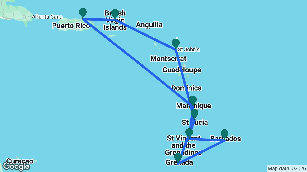 Route map: San Juan -> Tortola -> Antigua -> St. Lucia -> Grenada -> Barbados -> St. Vincent -> Martinique -> San Juan
