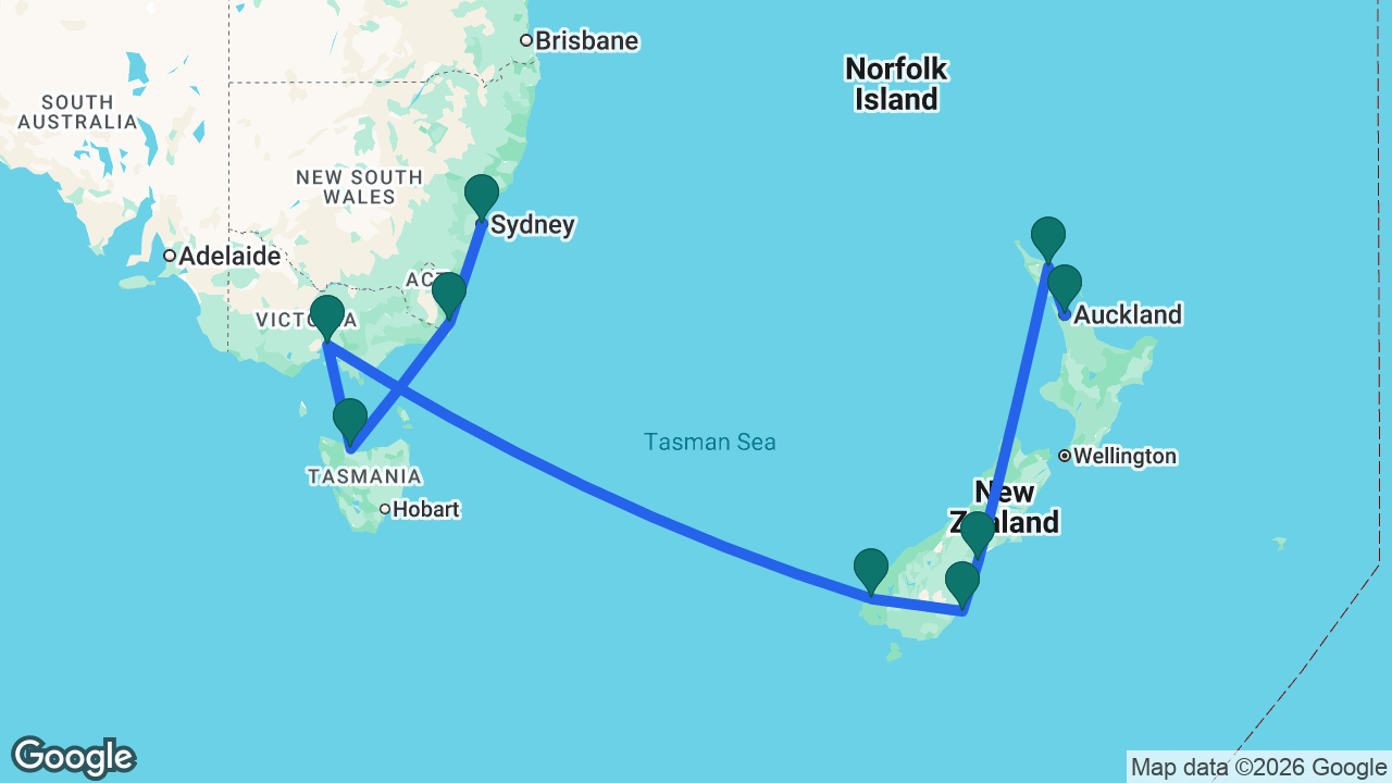 Route map: Sydney -> Eden -> Tasmania -> Melbourne -> Dusky Sound -> Dunedin -> Timaru -> Bay of Islands -> Auckland