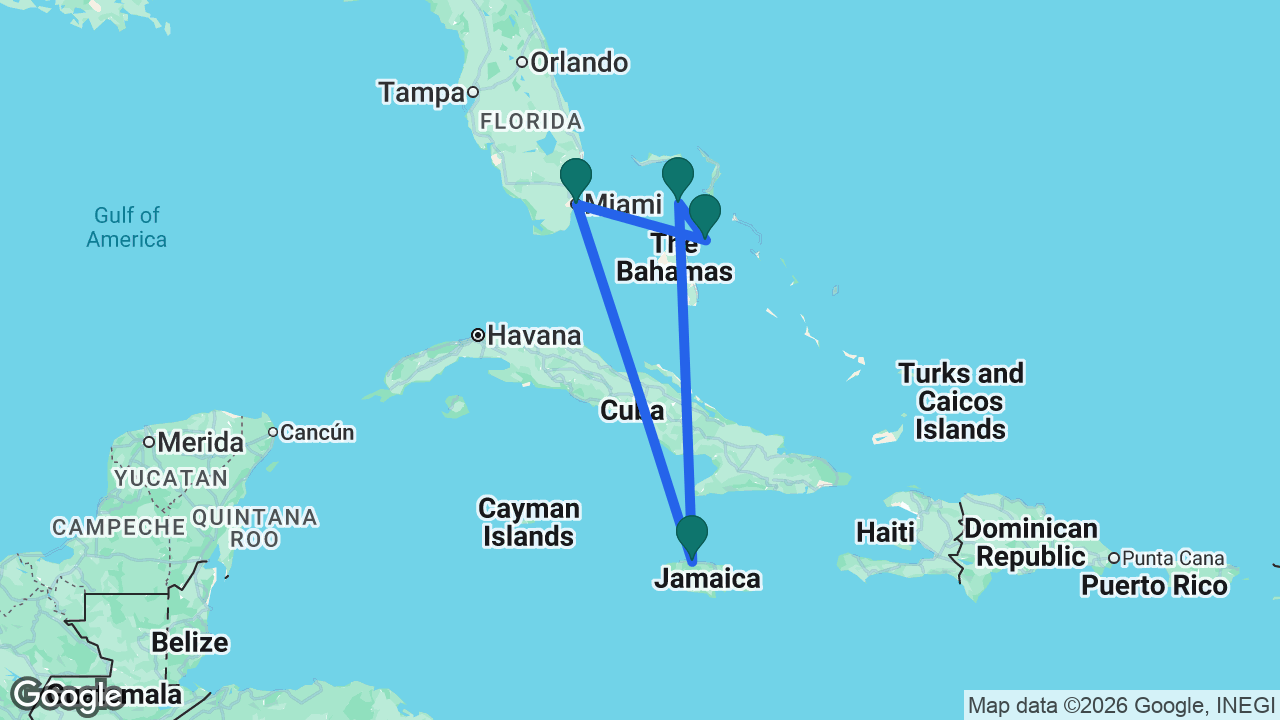 Route map: Miami -> Nassau -> CocoCay -> Falmouth -> Miami