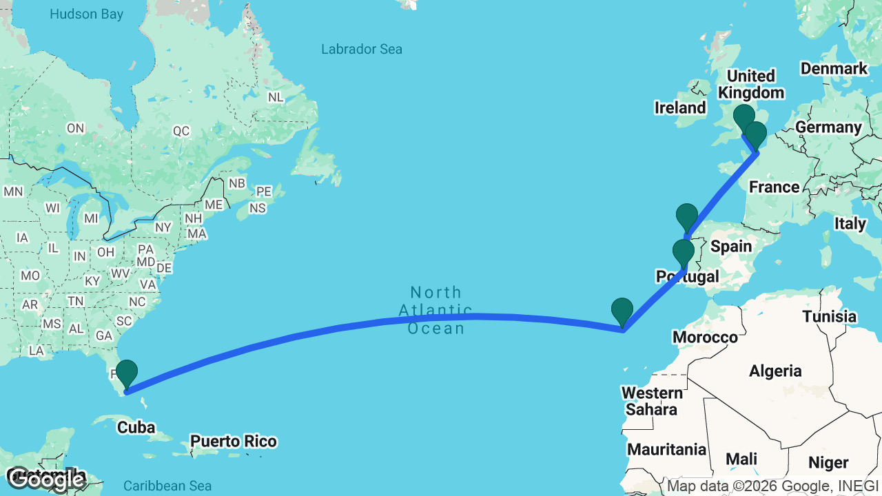 Route map: Miami -> Madeira -> Lisbon -> Vigo -> Paris -> Southampton