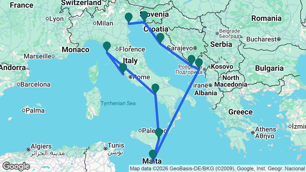 Route map: Rome -> Florence -> Amalfi Coast -> Catania -> Valletta -> Kotor -> Dubrovnik -> Zadar -> Koper -> Venice