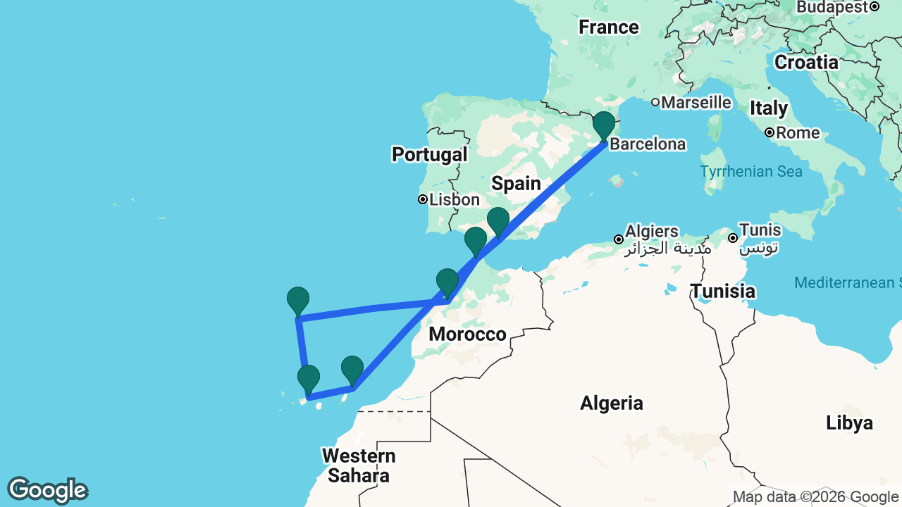 Route map: Barcelona -> Lanzarote -> Tenerife -> Madeira -> Casablanca -> Tangier -> Málaga -> Barcelona