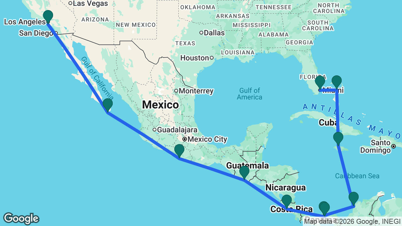Route map: Los Angeles -> Cabo -> Acapulco -> Puerto Quetzal -> Puntarenas -> Panama City -> Panama Canal -> Cartagena -> Falmouth -> Great Stirrup Cay -> Miami