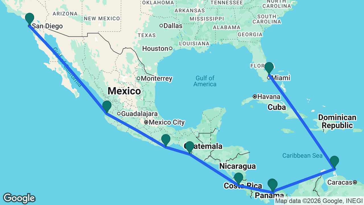 Route map: San Diego -> Puerto Vallarta -> Huatulco -> Puerto Chiapas -> Puntarenas -> Panama City -> Panama Canal -> Aruba -> Fort Lauderdale