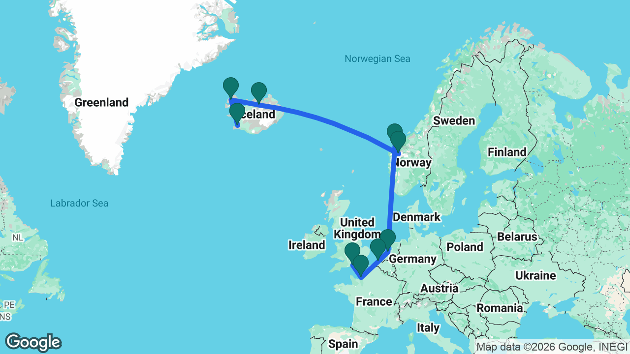 Route map: Reykjavik -> Isafjordur -> Akureyri -> Olden -> Ålesund -> Amsterdam -> Bruges -> Paris -> Southampton