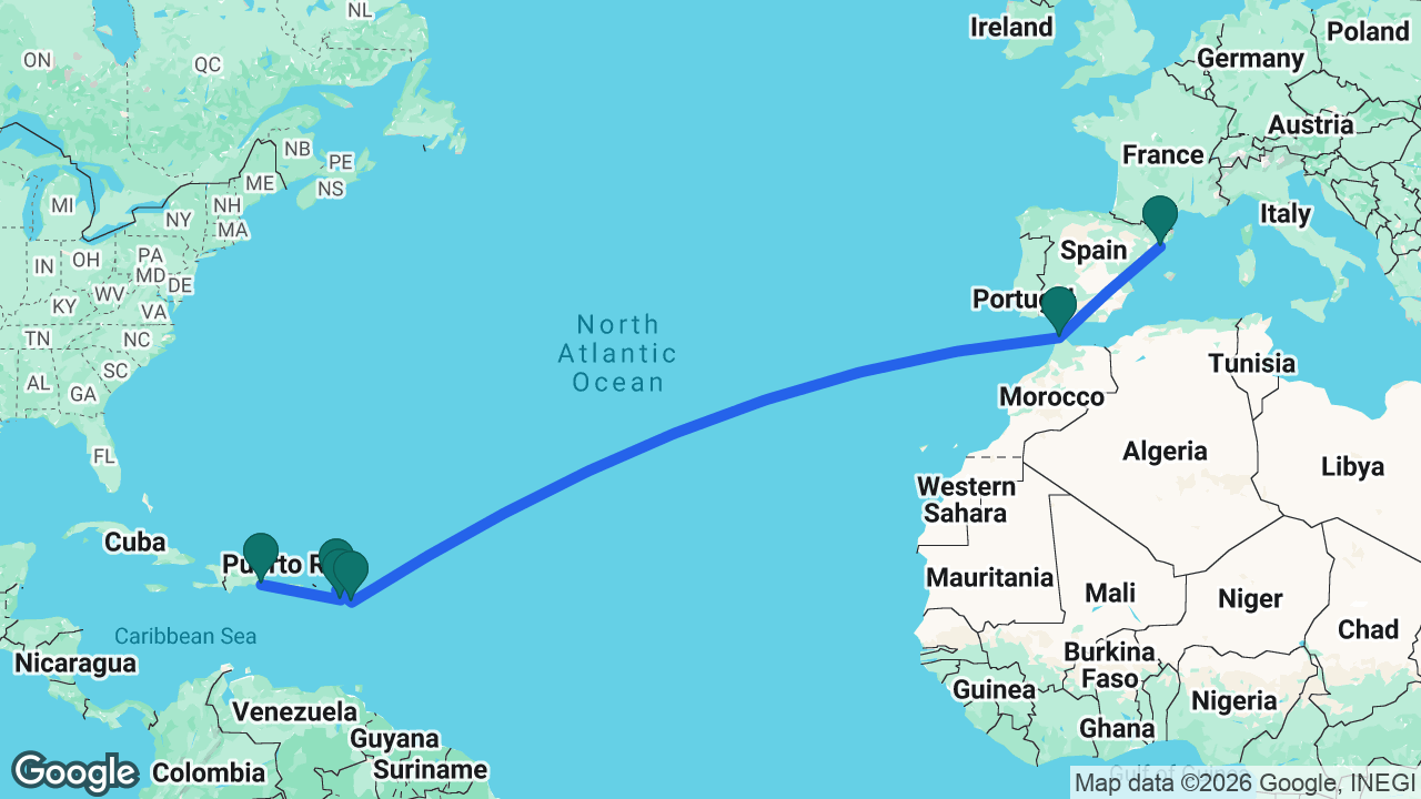 Route map: Barcelona -> Tangier -> Antigua -> St. Maarten -> St. Kitts -> La Romana