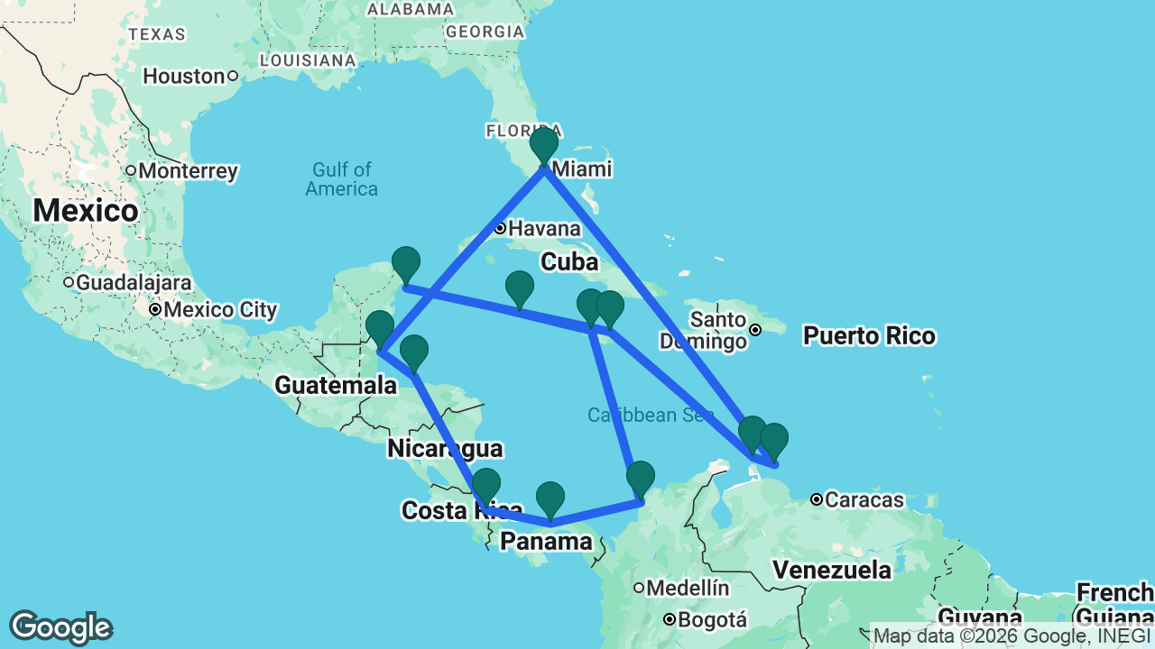 Route map: Miami -> Curaçao -> Aruba -> Ocho Rios -> Grand Cayman -> Cozumel -> Montego Bay -> Cartagena -> Colón -> Limón -> Roatán -> Belize City -> Miami