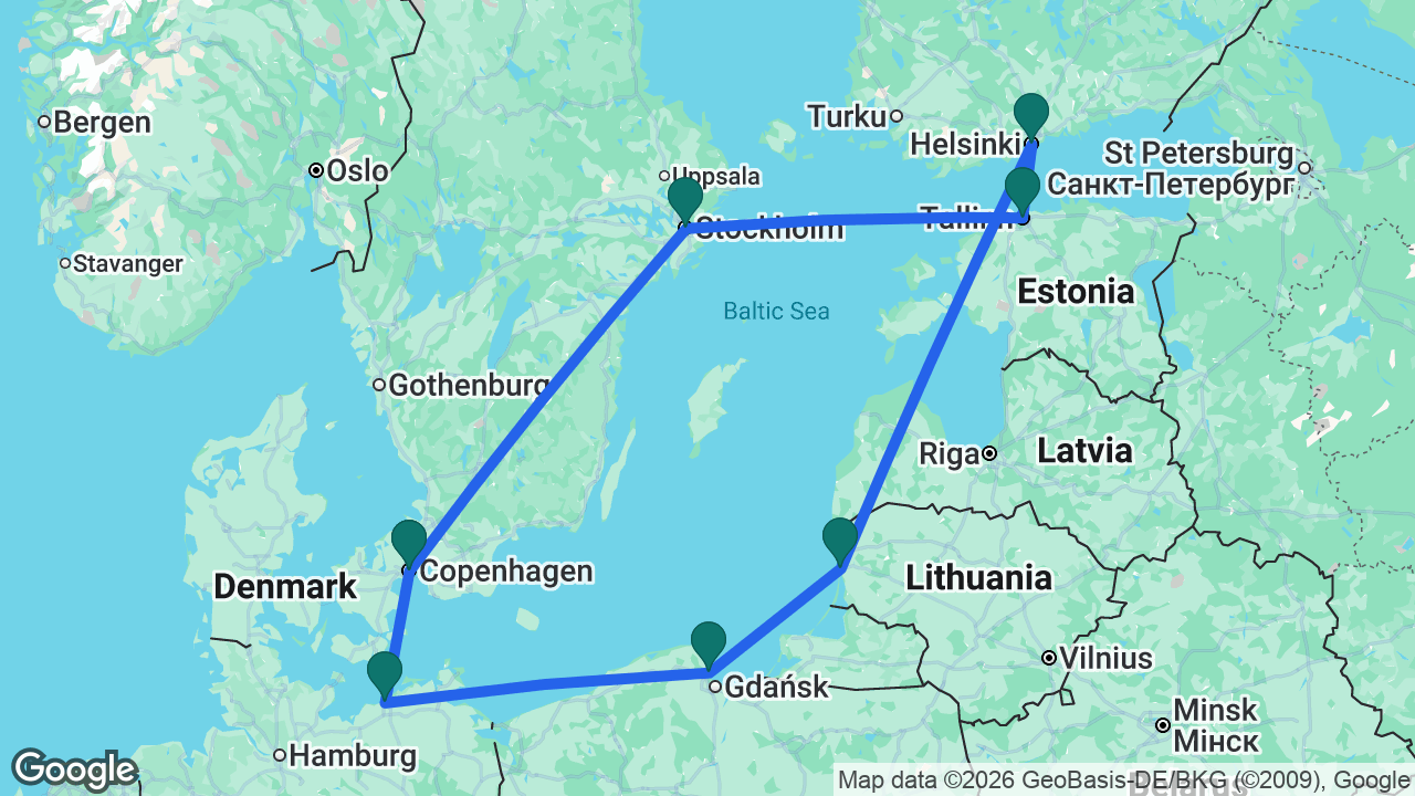 Route map: Copenhagen -> Berlin -> Gdansk -> Klaipeda -> Helsinki -> Tallinn -> Stockholm -> Copenhagen