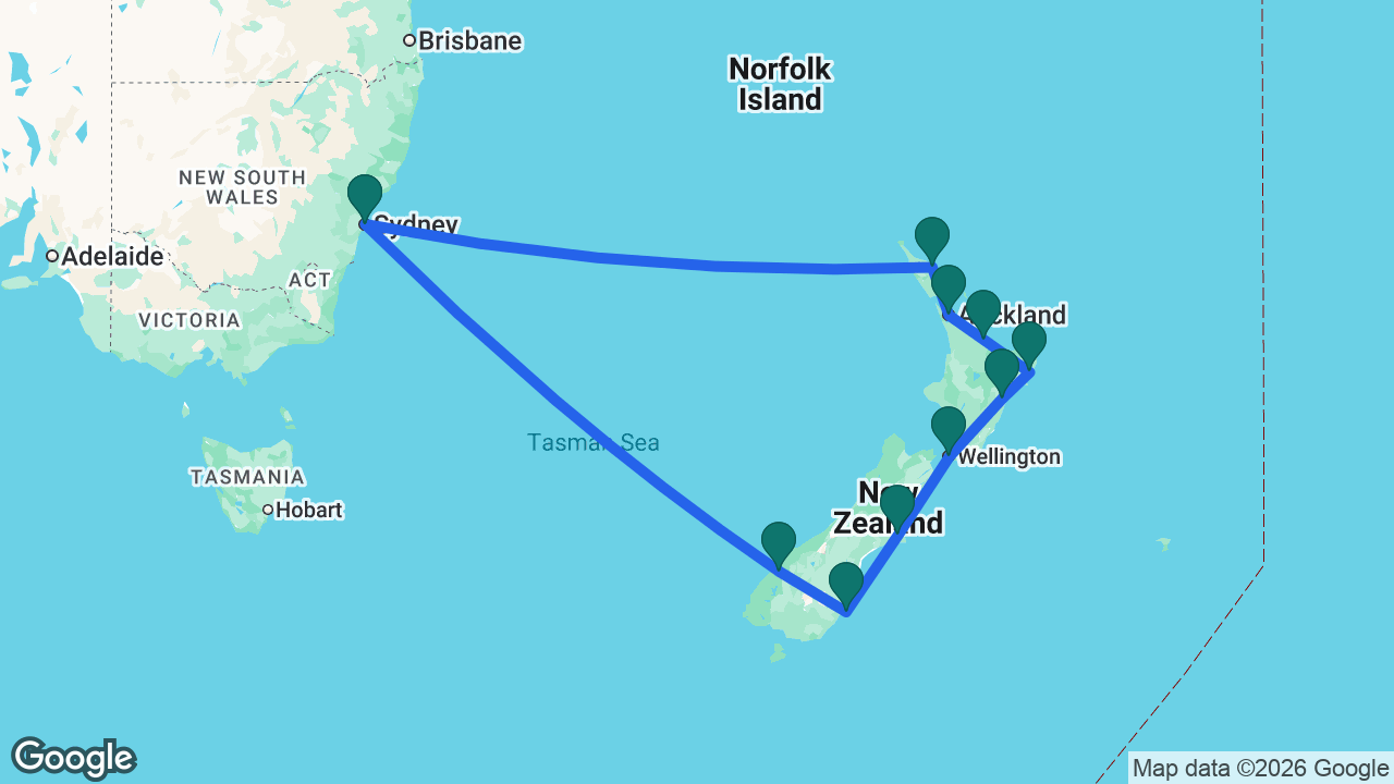 Route map: Sydney -> Milford Sound -> Dunedin -> Christchurch -> Wellington -> Napier -> Gisborne -> Tauranga -> Auckland -> Bay of Islands -> Sydney