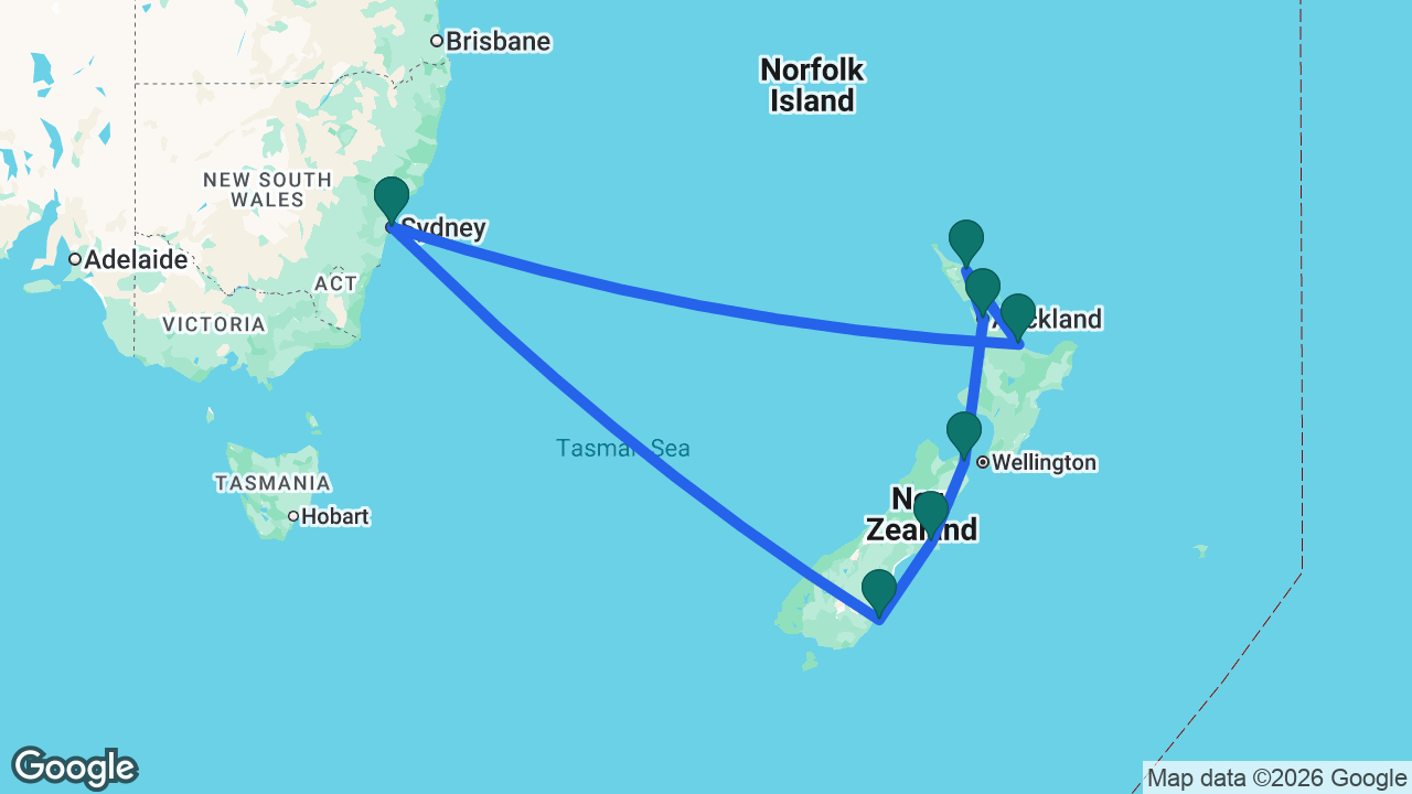 Route map: Sydney -> Dunedin -> Christchurch -> Picton -> Auckland -> Bay of Islands -> Tauranga -> Sydney