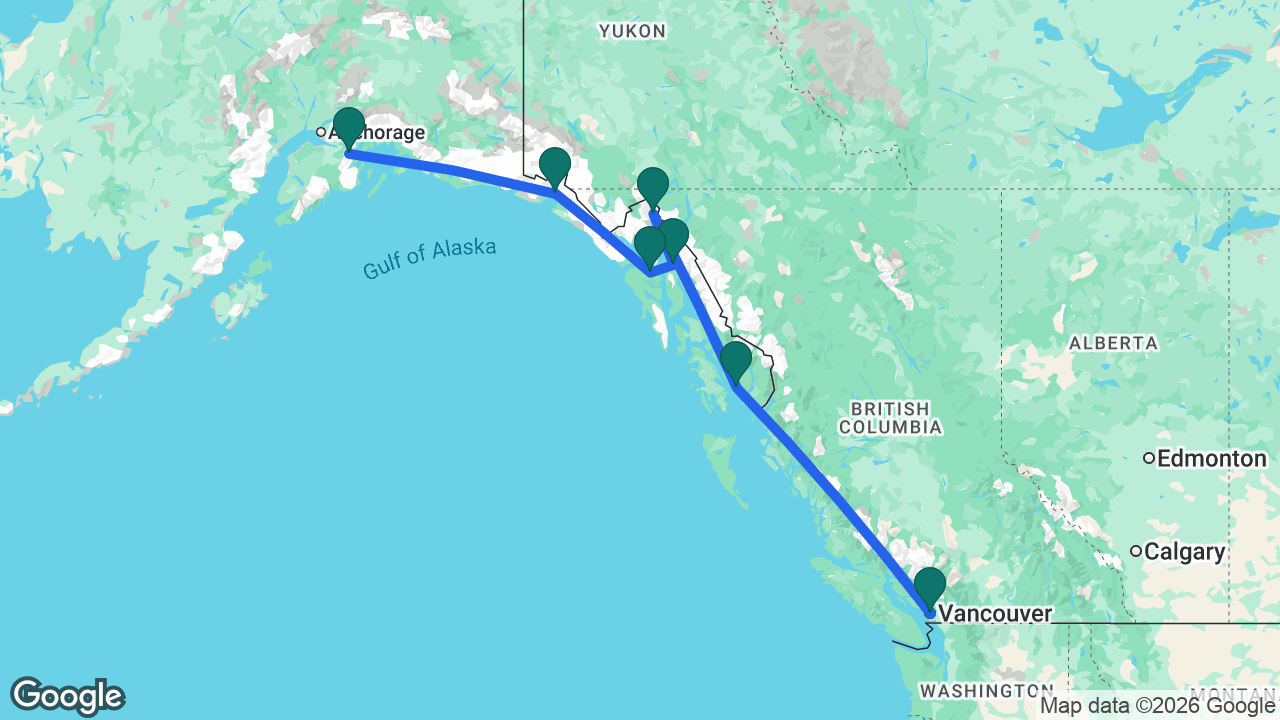 Route map: Whittier -> Hubbard Glacier -> Icy Strait Point -> Juneau -> Skagway -> Ketchikan -> Vancouver