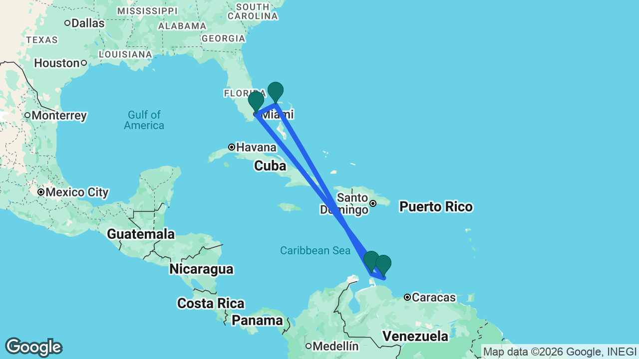 Route map: Miami -> Celebration Key -> Aruba -> Curaçao -> Miami