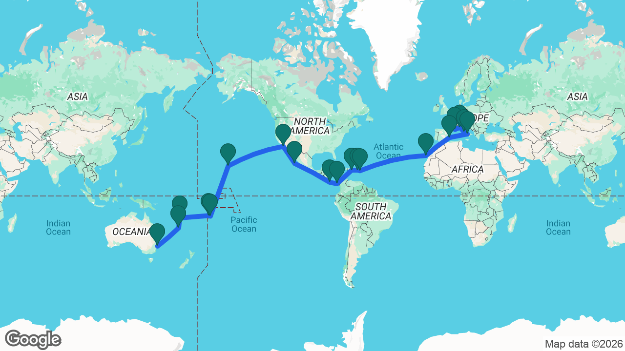 Route map: Sydney -> Nouméa -> Santo -> Apia -> Pago Pago -> Honolulu -> Los Angeles -> Cabo -> Puntarenas -> Balboa -> La Romana -> Tortola -> St. Maarten -> Gran Canaria -> Ibiza -> Naples -> Rome -> Genoa -> Marseille