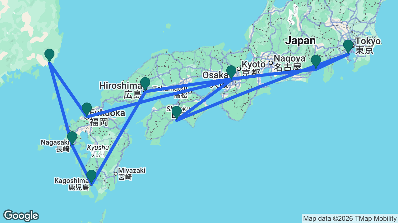Route map: Tokyo -> Kochi -> Osaka -> Fukuoka -> Busan -> Nagasaki -> Kagoshima -> Hiroshima -> Mount Fuji -> Tokyo