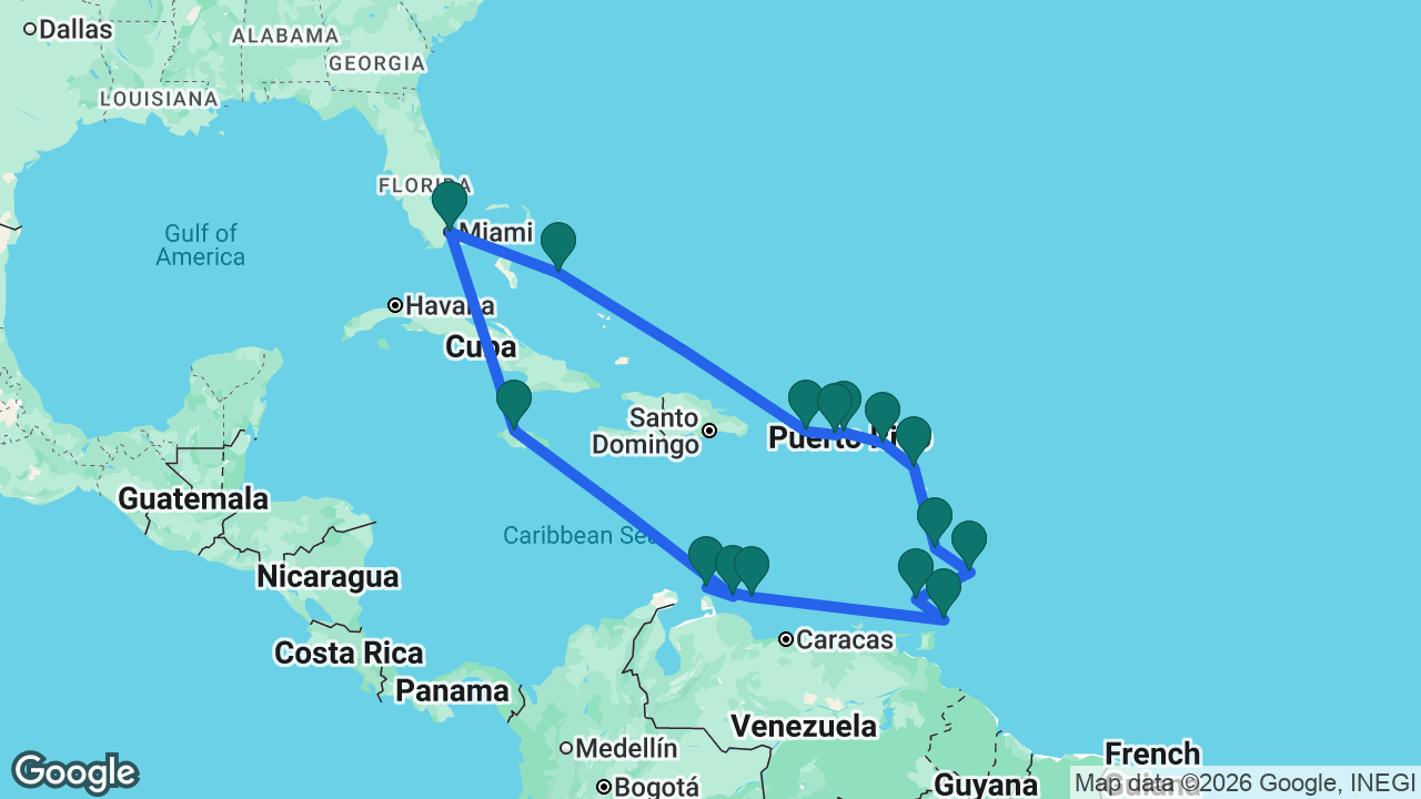 Route map: Miami -> Half Moon Cay -> San Juan -> St. Thomas -> Tortola -> St. Maarten -> Antigua -> St. Lucia -> Barbados -> Grenada -> Tobago -> Bonaire -> Aruba -> Curaçao -> Falmouth -> Miami